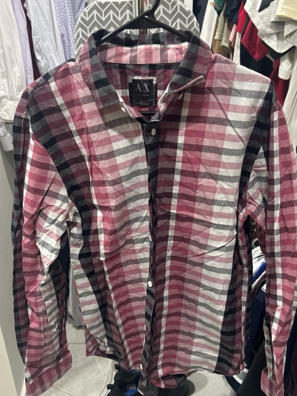 A/X Armani Exchange Pink, Gray & Black Plaid Button-Down Shirt